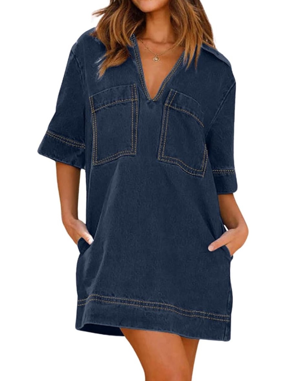 Dark Blue Short Sleeve V-neck Denim Dress - Size S
